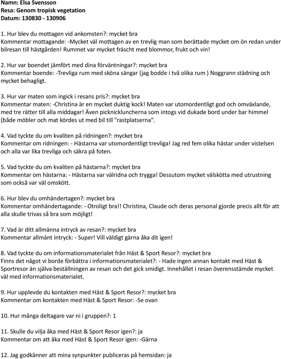 : mycket bra Kommentar boende: -Trevliga rum med sköna sängar (jag bodde i två olika rum ) Noggrann städning och mycket behagligt. Kommentar maten: -Christina är en mycket duktig kock!