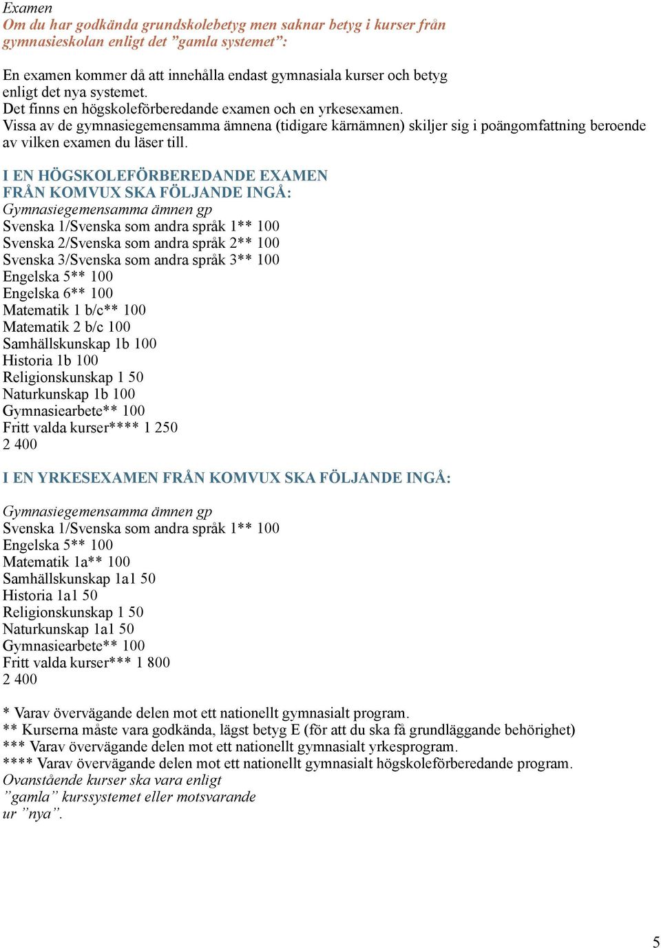 I EN HÖGSKOLEFÖRBEREDANDE EXAMEN FRÅN KOMVUX SKA FÖLJANDE INGÅ: Gymnasiegemensamma ämnen gp Svenska 1/Svenska som andra språk 1** 100 Svenska 2/Svenska som andra språk 2** 100 Svenska 3/Svenska som