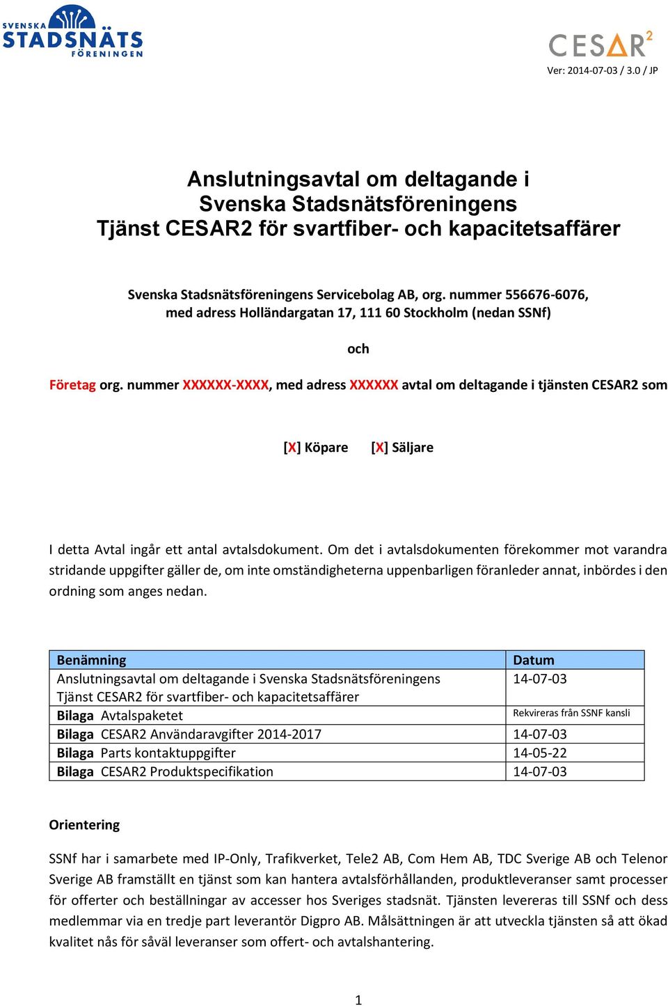 nummer XXXXXX-XXXX, med adress XXXXXX avtal om deltagande i tjänsten CESAR2 som [X] Köpare [X] Säljare I detta Avtal ingår ett antal avtalsdokument.