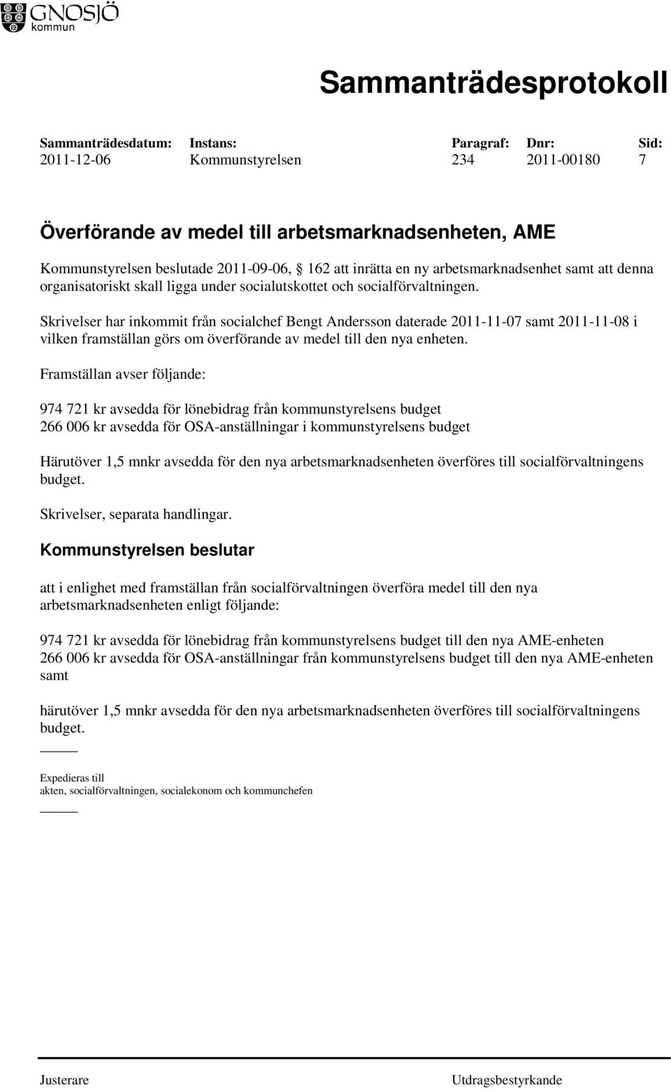 Skrivelser har inkommit från socialchef Bengt Andersson daterade 2011-11-07 samt 2011-11-08 i vilken framställan görs om överförande av medel till den nya enheten.