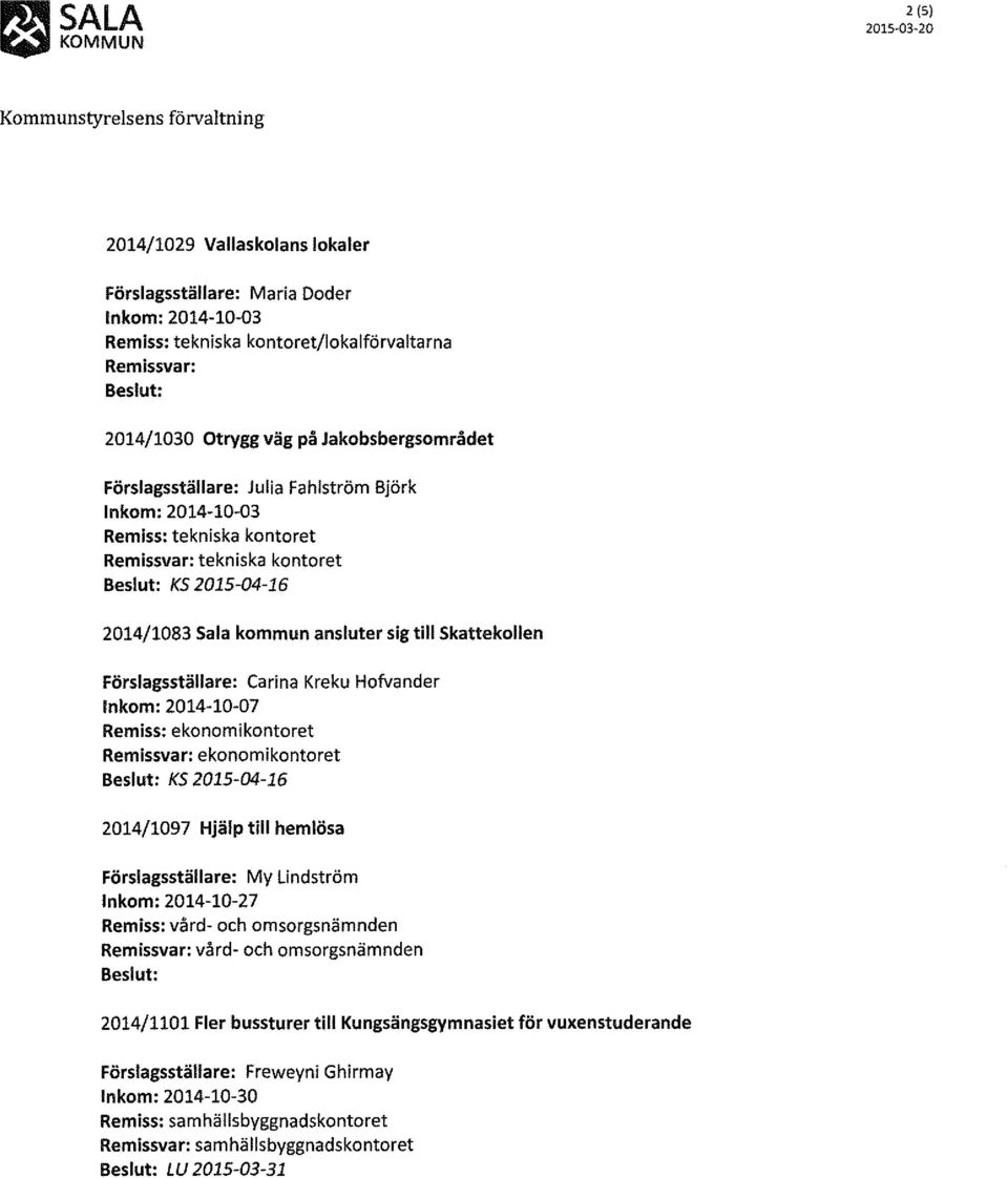 ekonomikontoret 2014/1097 Hjälp till hemlösa Förslagsställare: My Lindström Inkom: 2014-10-27 Remiss: vård- och omsorgsnämnden Remissvar: vård- och omsorgsnämnden 2014/1101 Fler