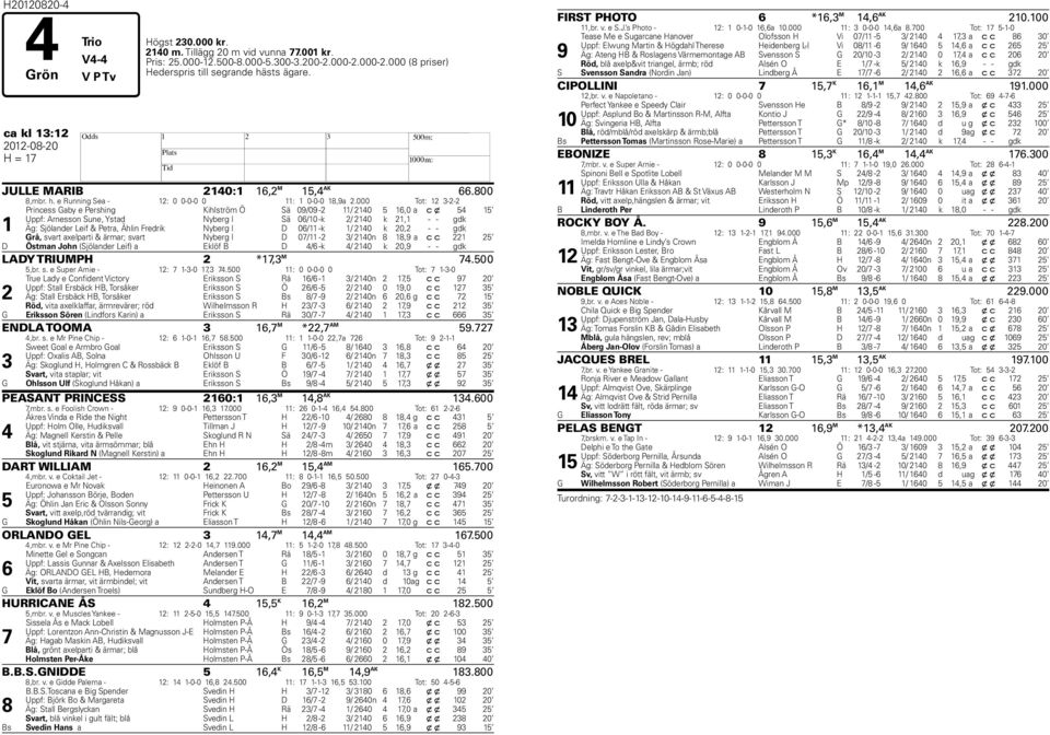 000 Tot: 12 3-2-2 1 Princess Gaby e Pershing Kihlström Ö Sä 09/09-2 11/ 2140 5 16,0 a c x 54 15 Uppf: Arnesson Sune, Ystad Nyberg I Sä 06/10 -k 2/ 2140 k 21,1 - - gdk Äg: Sjölander Leif & Petra,