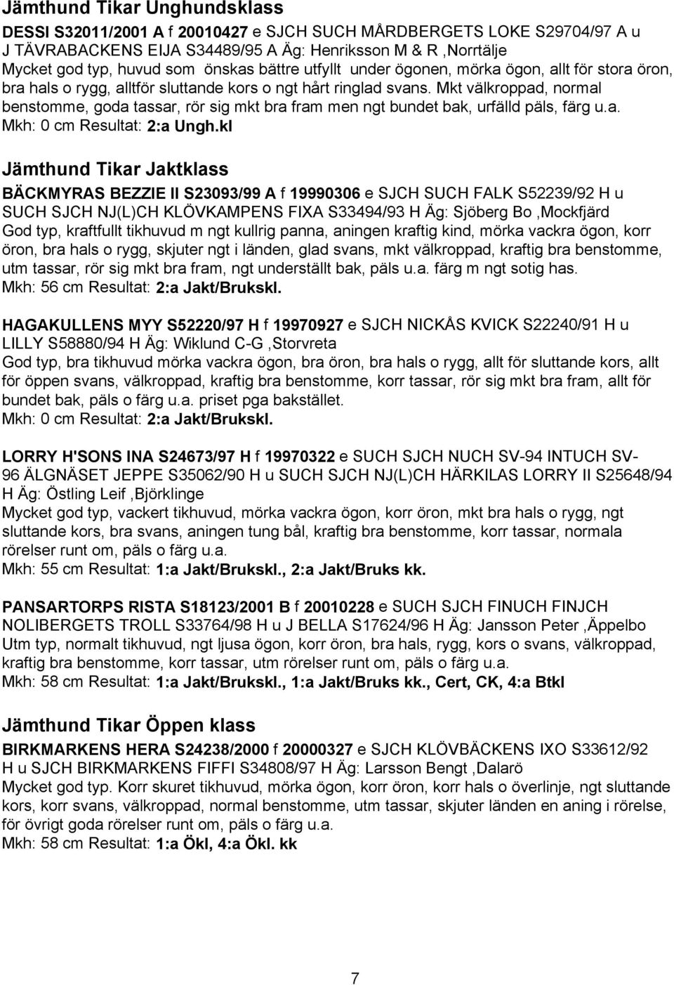 Mkt välkroppad, normal benstomme, goda tassar, rör sig mkt bra fram men ngt bundet bak, urfälld päls, färg u.a. Mkh: 0 cm Resultat: 2:a Ungh.