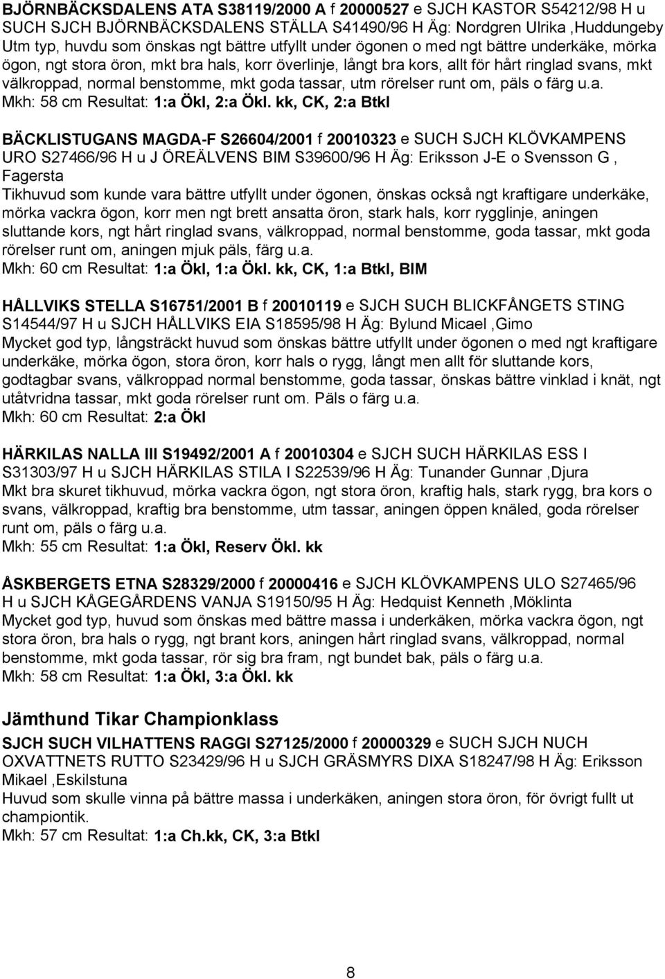 rörelser runt om, päls o färg u.a. Mkh: 58 cm Resultat: 1:a Ökl, 2:a Ökl.