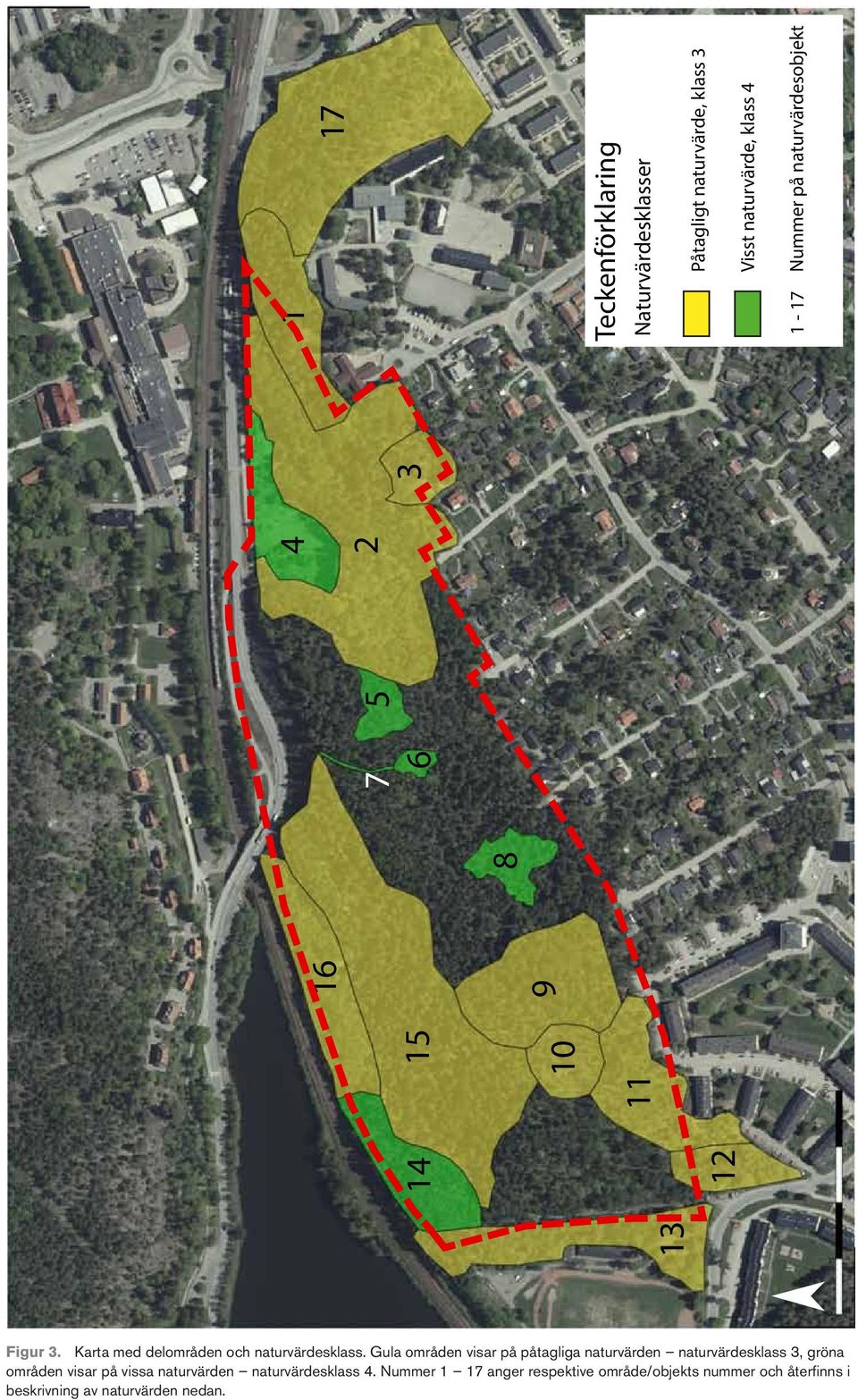 Gula områden visar på påtagliga naturvärden naturvärdesklass 3, gröna områden visar på vissa naturvärden