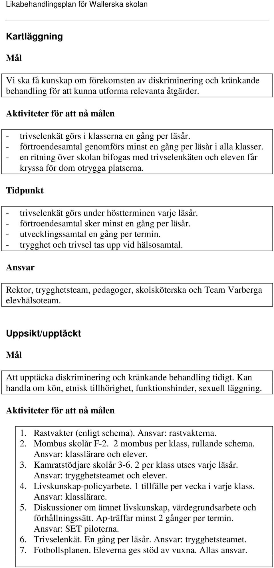 - en ritning över skolan bifogas med trivselenkäten och eleven får kryssa för dom otrygga platserna. Tidpunkt - trivselenkät görs under höstterminen varje läsår.