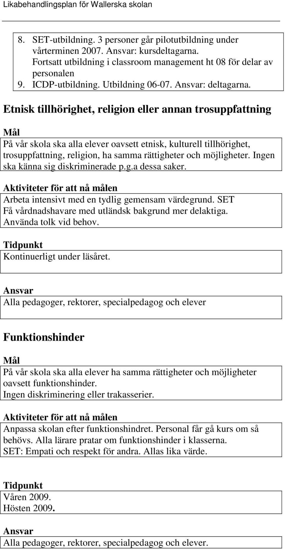 Etnisk tillhörighet, religion eller annan trosuppfattning Mål På vår skola ska alla elever oavsett etnisk, kulturell tillhörighet, trosuppfattning, religion, ha samma rättigheter och möjligheter.