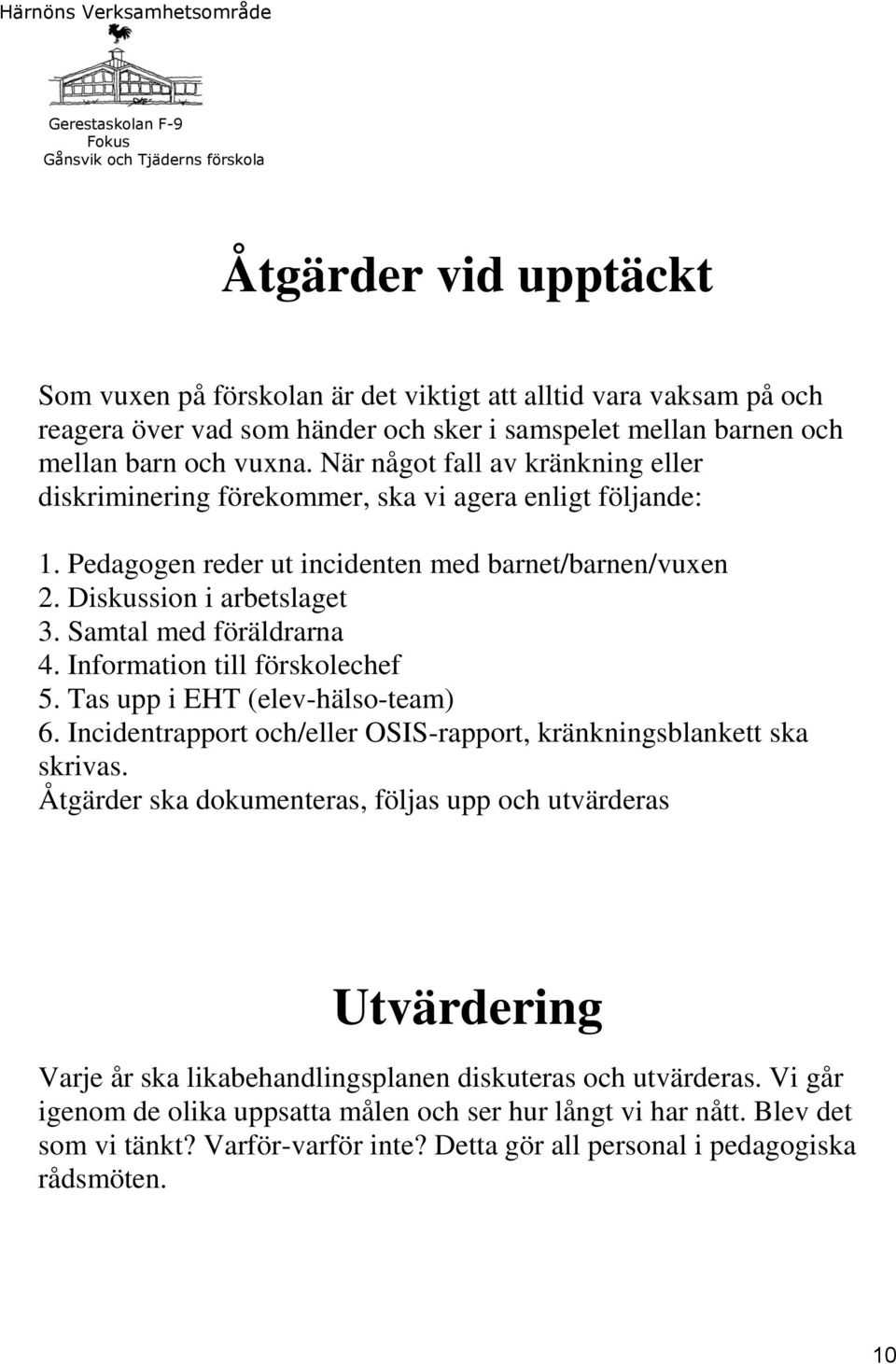 Samtal med föräldrarna 4. Information till förskolechef 5. Tas upp i EHT (elev-hälso-team) 6. Incidentrapport och/eller OSIS-rapport, kränkningsblankett ska skrivas.