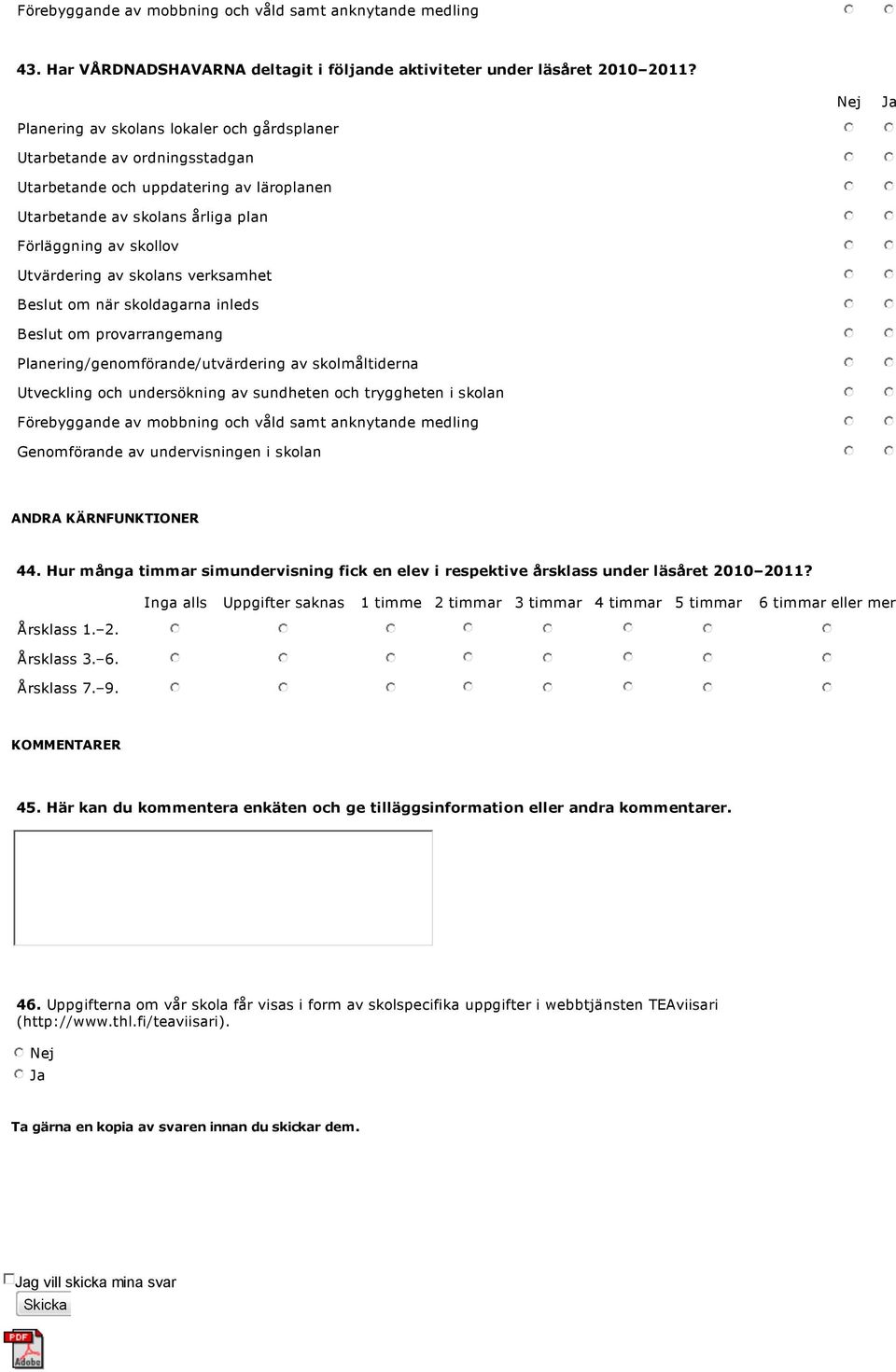 verksamhet Beslut om när skoldagarna inleds Beslut om provarrangemang Planering/genomförande/utvärdering av skolmåltiderna Utveckling och undersökning av sundheten och tryggheten i skolan