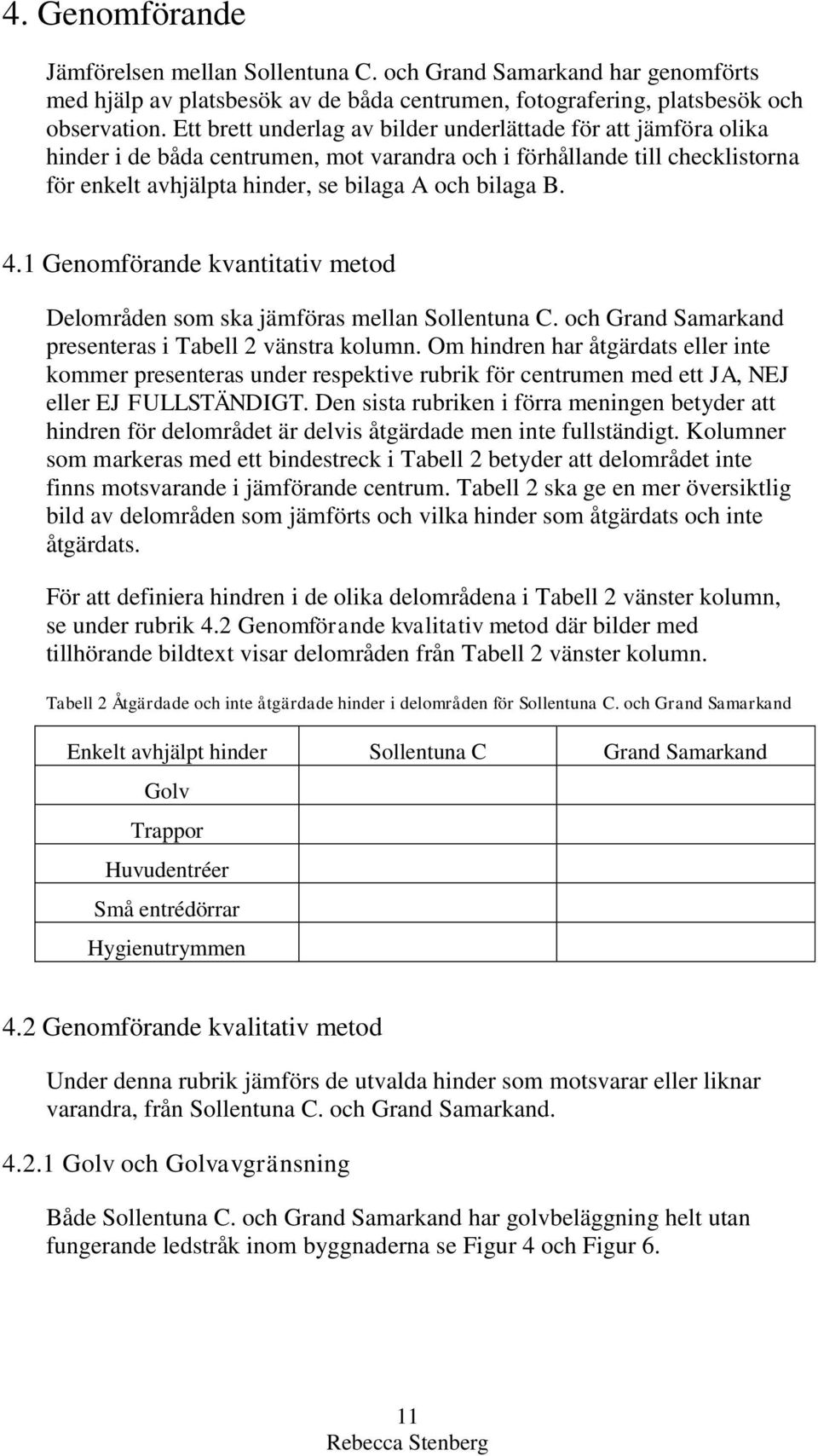 1 Genomförande kvantitativ metod Delområden som ska jämföras mellan Sollentuna C. och Grand Samarkand presenteras i Tabell 2 vänstra kolumn.