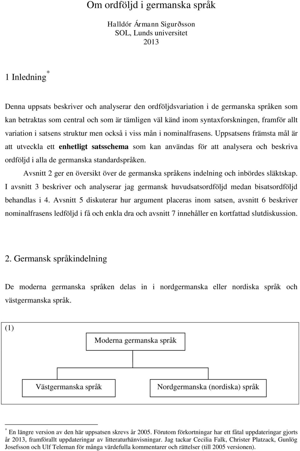 Uppsatsens främsta mål är att utveckla ett enhetligt satsschema som kan användas för att analysera och beskriva ordföljd i alla de germanska standardspråken.