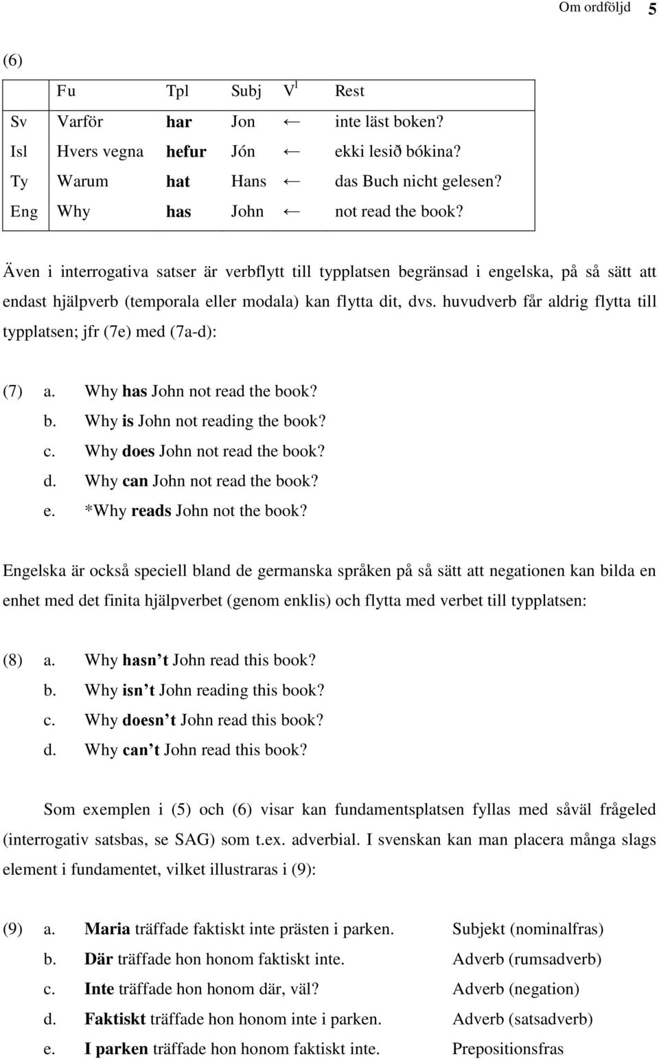 huvudverb får aldrig flytta till typplatsen; jfr (7e) med (7a-d): (7) a. Why has John not read the book? b. Why is John not reading the book? c. Why does John not read the book? d. Why can John not read the book?