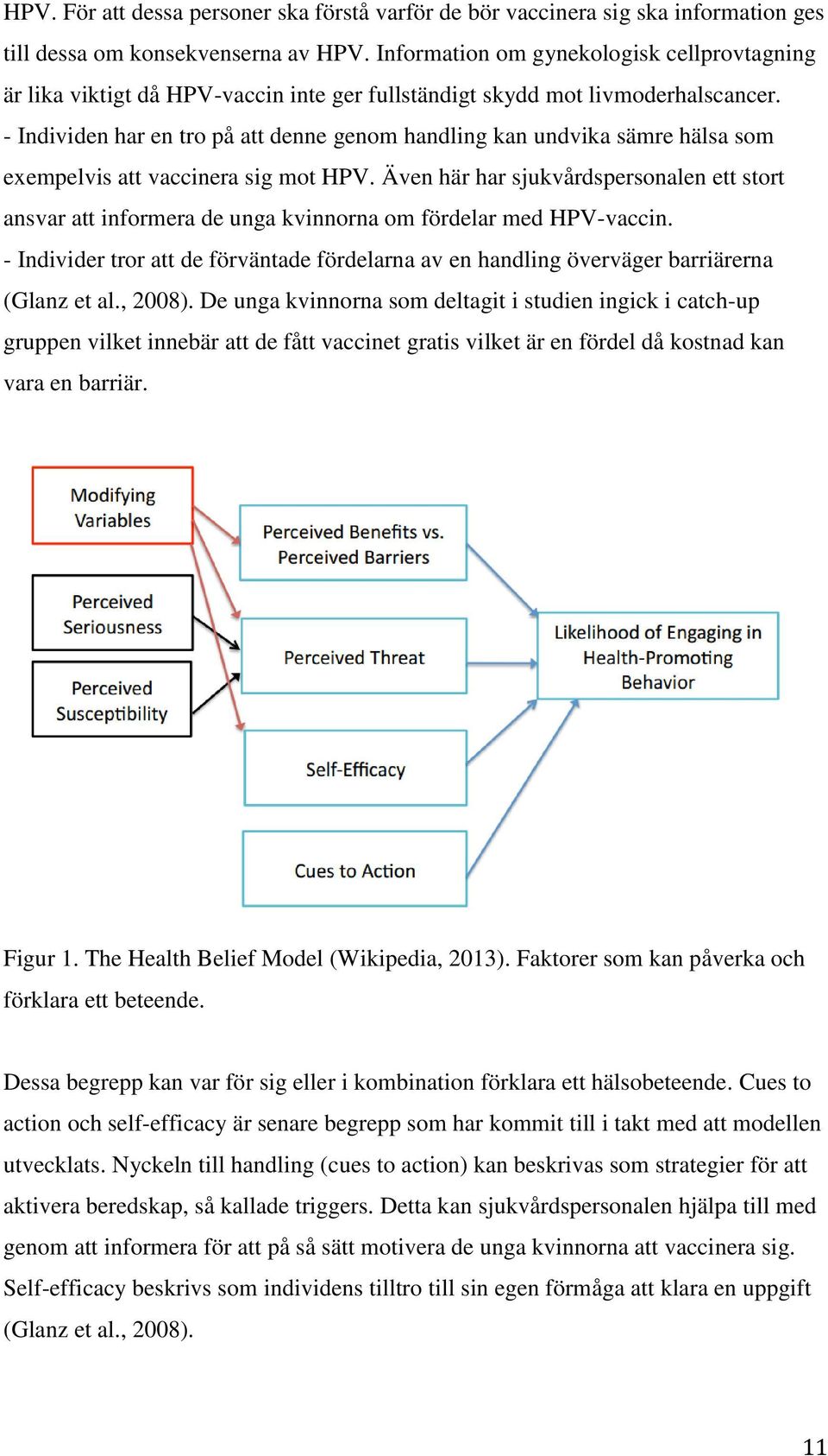 - Individen har en tro på att denne genom handling kan undvika sämre hälsa som exempelvis att vaccinera sig mot HPV.