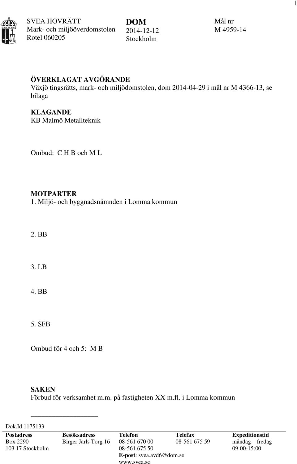 LB 4. BB 5. SFB Ombud för 4 och 5: M B Dok.Id 1175133 SAKEN Förbud för verksamhet m.m. på fastigheten XX m.fl.