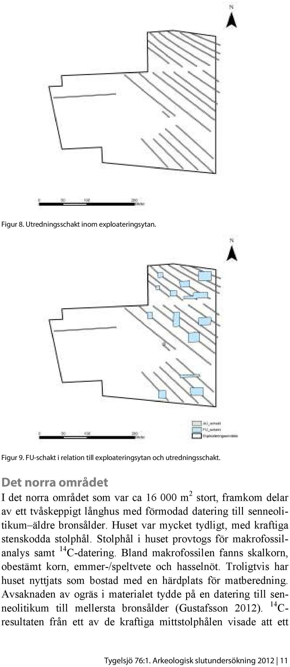 Huset var mycket tydligt, med kraftiga stenskodda stolphål. Stolphål i huset provtogs för makrofossilanalys samt 14 C-datering.