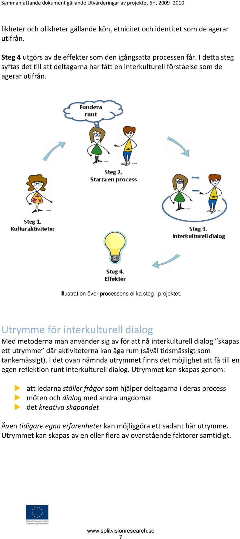 Utrymme för interkulturell dialog Med metoderna man använder sig av för att nå interkulturell dialog skapas ett utrymme där aktiviteterna kan äga rum (såväl tidsmässigt som tankemässigt).