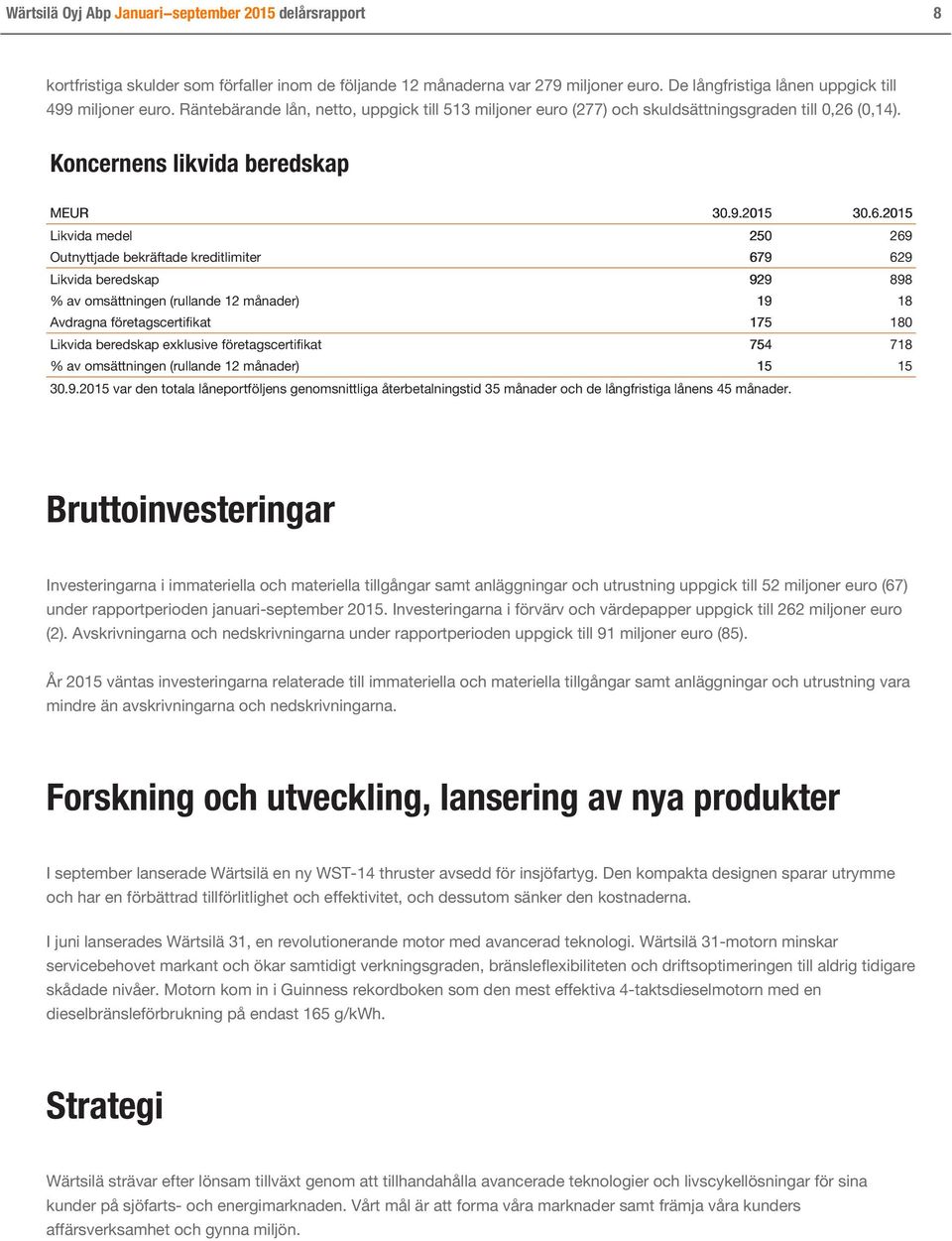 (0,14). Koncernens likvida beredskap MEUR 30.9.2015 30.6.