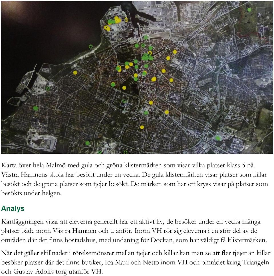 Analys Kartläggningen visar att eleverna generellt har ett aktivt liv, de besöker under en vecka många platser både inom Västra Hamnen och utanför.