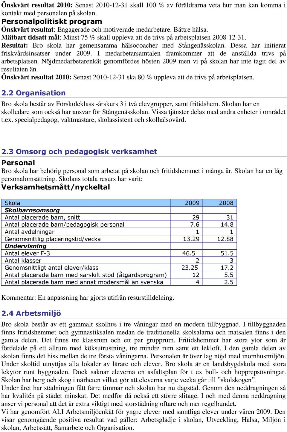 Resultat: Bro skola har gemensamma hälsocoacher med Stångenässkolan. Dessa har initierat friskvårdsinsatser under 2009. I medarbetarsamtalen framkommer att de anställda trivs på arbetsplatsen.