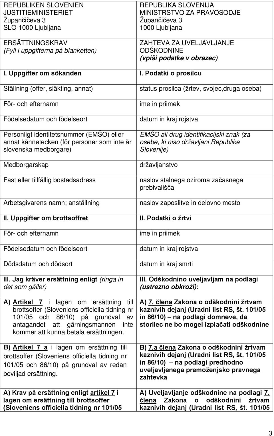 Podatki o prosilcu Ställning (offer, släkting, annat) För- och efternamn Födelsedatum och födelseort Personligt identitetsnummer (EMŠO) eller annat kännetecken (för personer som inte är slovenska