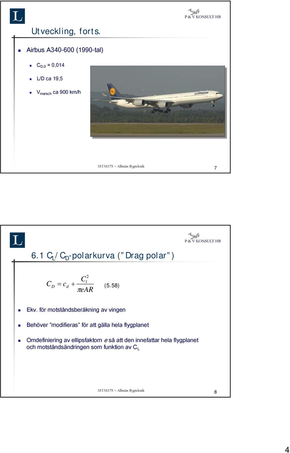 1 C L /C D -polarkurva ( Drag polar ) C D Cl = cd + (5.58) πear Ekv.