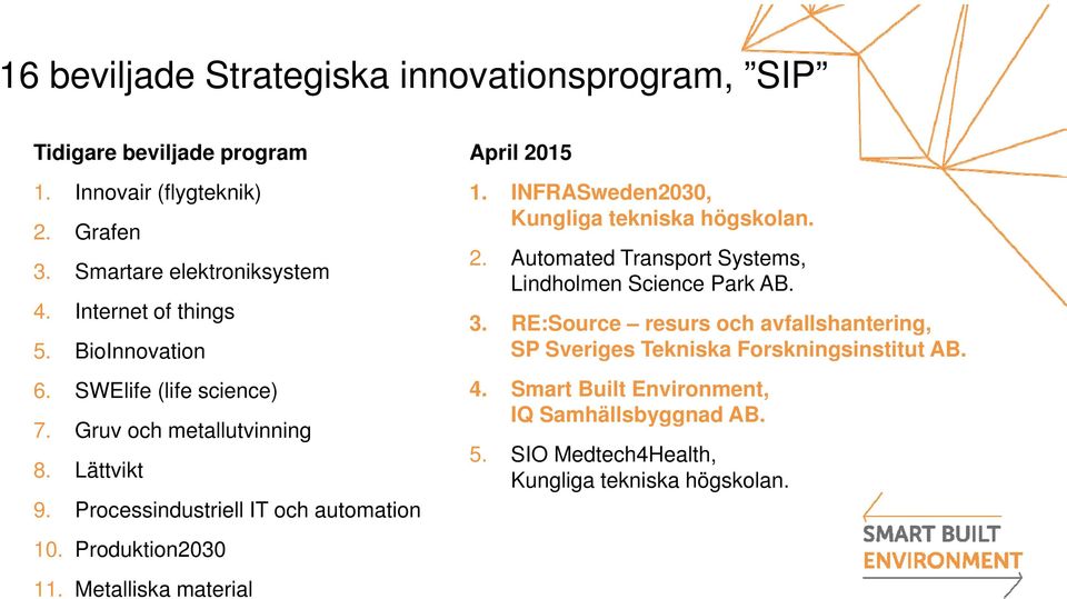 Produktion2030 11. Metalliska material April 2015 1. INFRASweden2030, Kungliga tekniska högskolan. 2. Automated Transport Systems, Lindholmen Science Park AB.