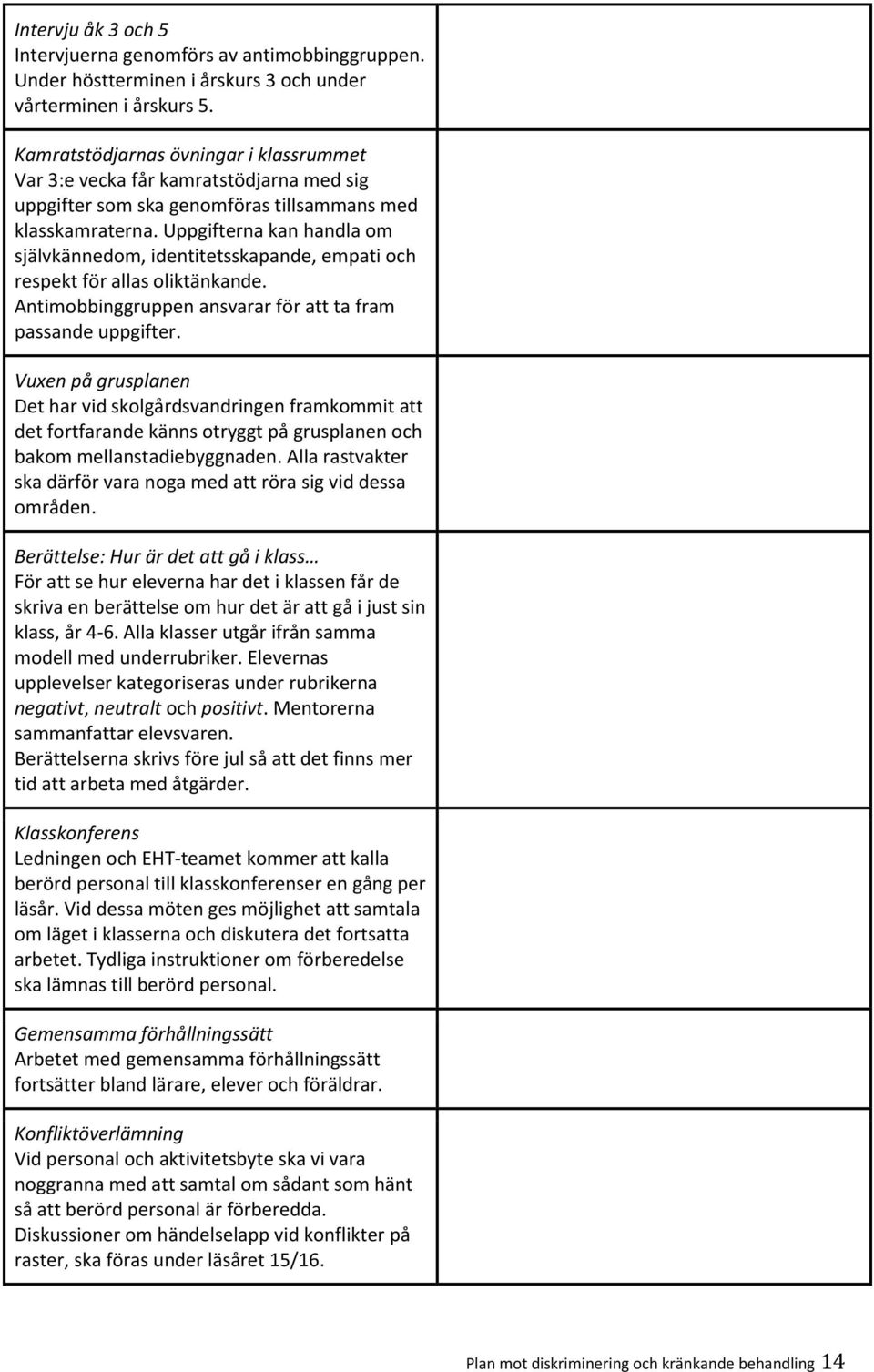 Uppgifterna kan handla om självkännedom, identitetsskapande, empati och respekt för allas oliktänkande. Antimobbinggruppen ansvarar för att ta fram passande uppgifter.