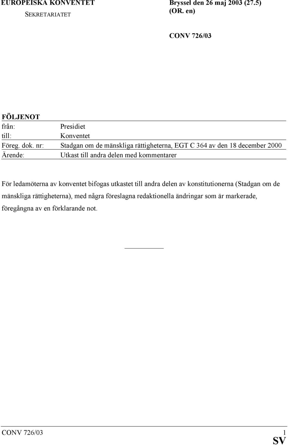 nr: Stadgan om de mänskliga rättigheterna, EGT C 364 av den 18 december 2000 Ärende: Utkast till andra delen med kommentarer