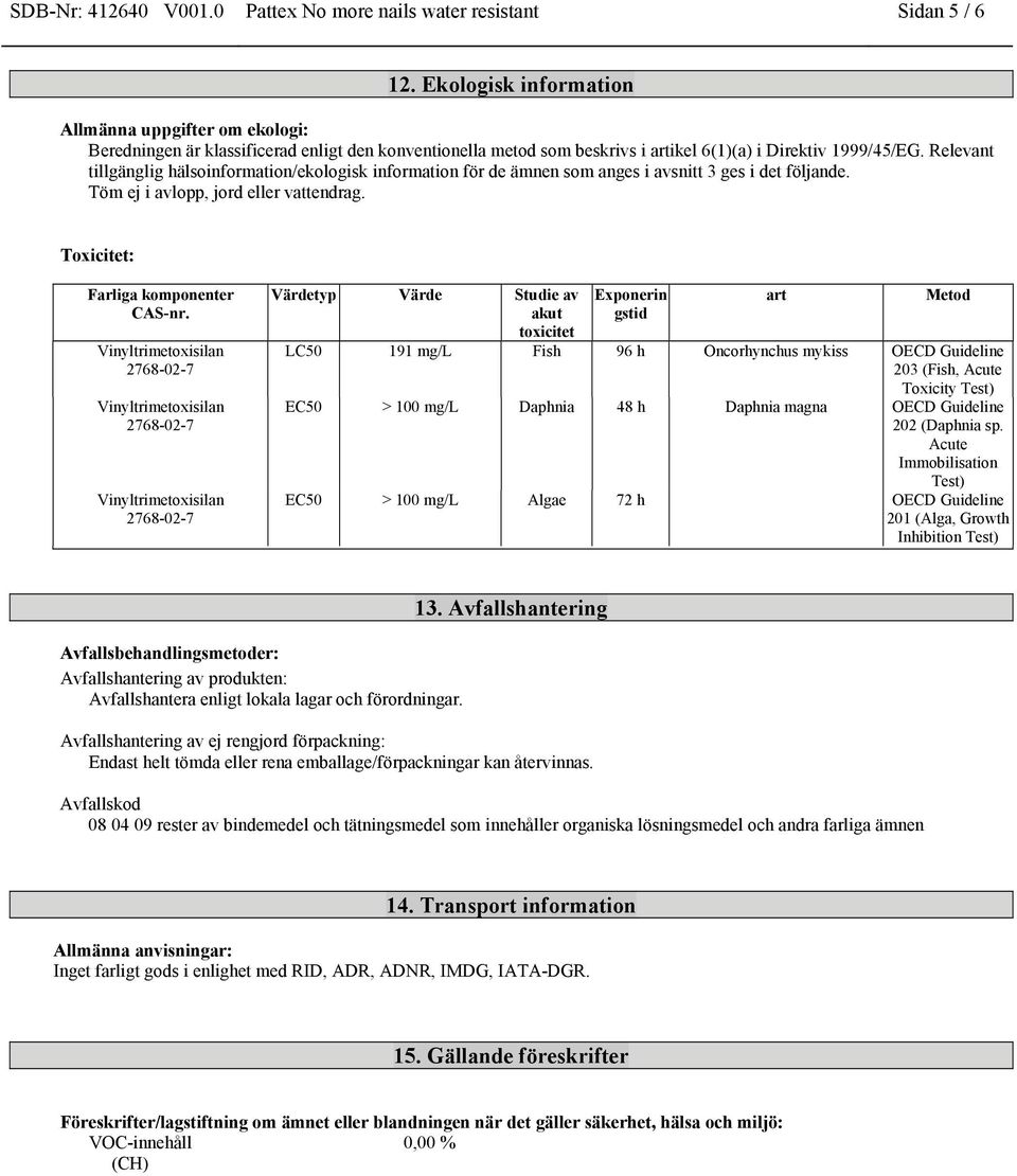 Relevant tillgänglig hälsoinformation/ekologisk information för de ämnen som anges i avsnitt 3 ges i det följande. Töm ej i avlopp, jord eller vattendrag. Toxicitet: Farliga komponenter CAS-nr.