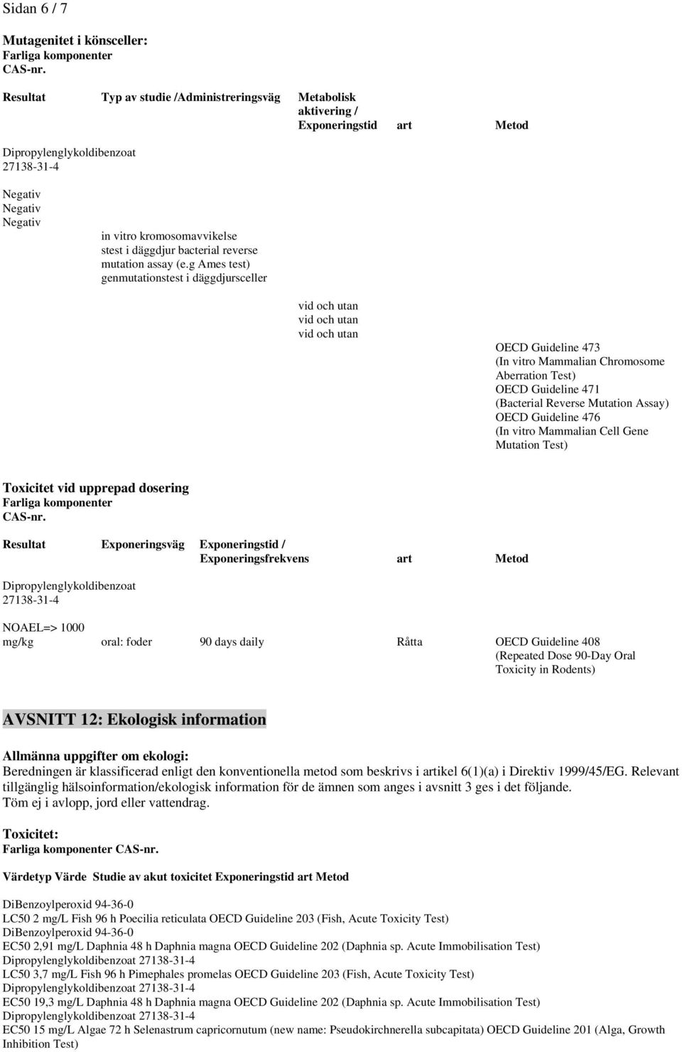 g Ames test) genmutationstest i däggdjursceller vid och utan vid och utan vid och utan OECD Guideline 473 (In vitro Mammalian Chromosome Aberration Test) OECD Guideline 471 (Bacterial Reverse