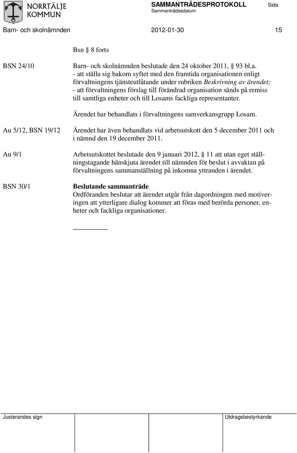 Ärendet har behandlats i förvaltningens samverkansgrupp Losam. Au 5/12, BSN 19/12 Au 9/1 BSN 30/1 Ärendet har även behandlats vid arbetsutskott den 5 december 2011 och i nämnd den 19 december 2011.
