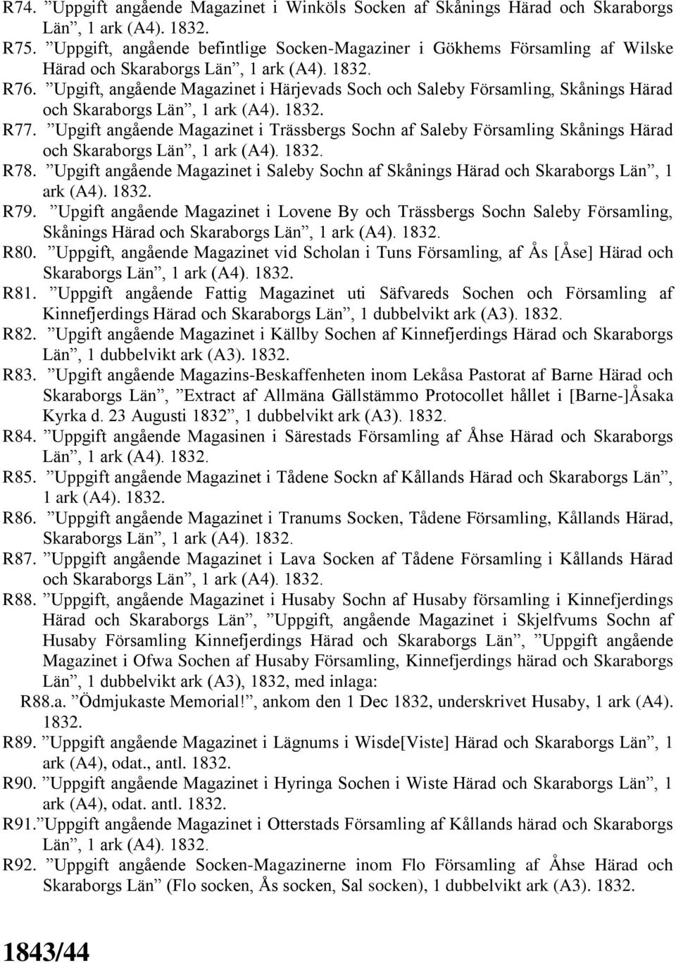 Upgift angående Magazinet i Trässbergs Sochn af Saleby Församling Skånings Härad och Skaraborgs R78. Upgift angående Magazinet i Saleby Sochn af Skånings Härad och Skaraborgs Län, 1 ark (A4). 1832.