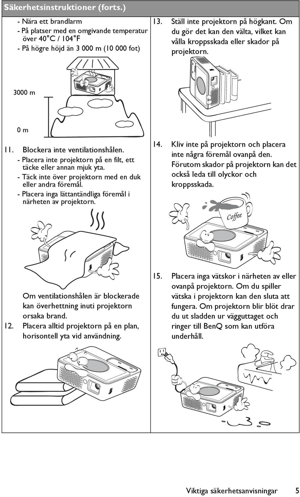 - Placera inte projektorn på en filt, ett täcke eller annan mjuk yta. - Täck inte över projektorn med en duk eller andra föremål. - Placera inga lättantändliga föremål i närheten av projektorn. 14.