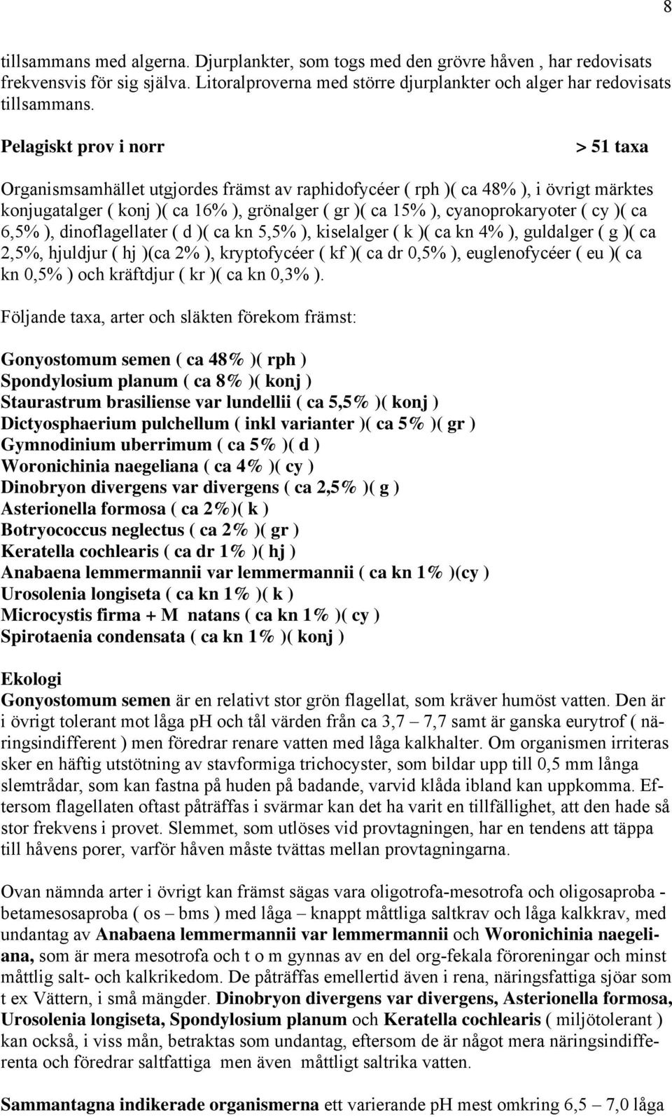 ( cy )( ca 6,5% ), dinoflagellater ( d )( ca kn 5,5% ), kiselalger ( k )( ca kn 4% ), guldalger ( g )( ca 2,5%, hjuldjur ( hj )(ca 2% ), kryptofycéer ( kf )( ca dr 0,5% ), euglenofycéer ( eu )( ca kn