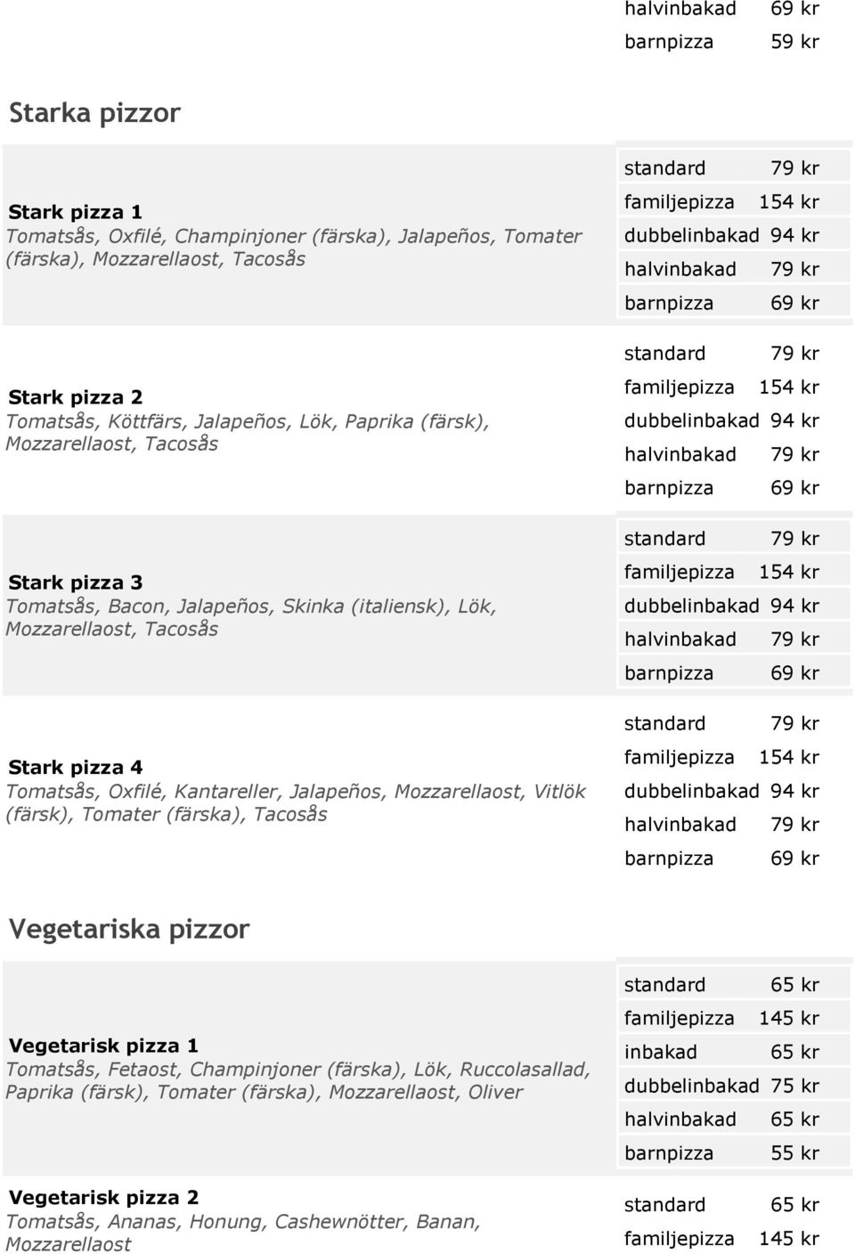 Mozzarellaost, Vitlök (färsk), Tomater (färska), Tacosås barnpizza barnpizza barnpizza barnpizza Vegetariska pizzor Vegetarisk pizza 1 Tomatsås, Fetaost, Champinjoner (färska), Lök, Ruccolasallad,