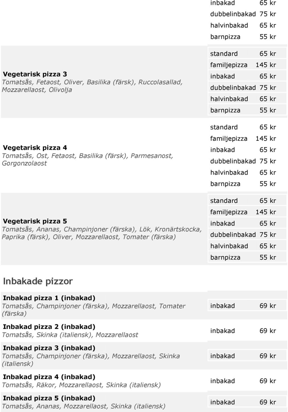 kr familjepizza 145 kr inbakad 65 kr dubbelinbakad 75 kr halvinbakad 65 kr barnpizza 55 kr 65 kr familjepizza 145 kr inbakad 65 kr dubbelinbakad 75 kr halvinbakad 65 kr barnpizza 55 kr 65 kr