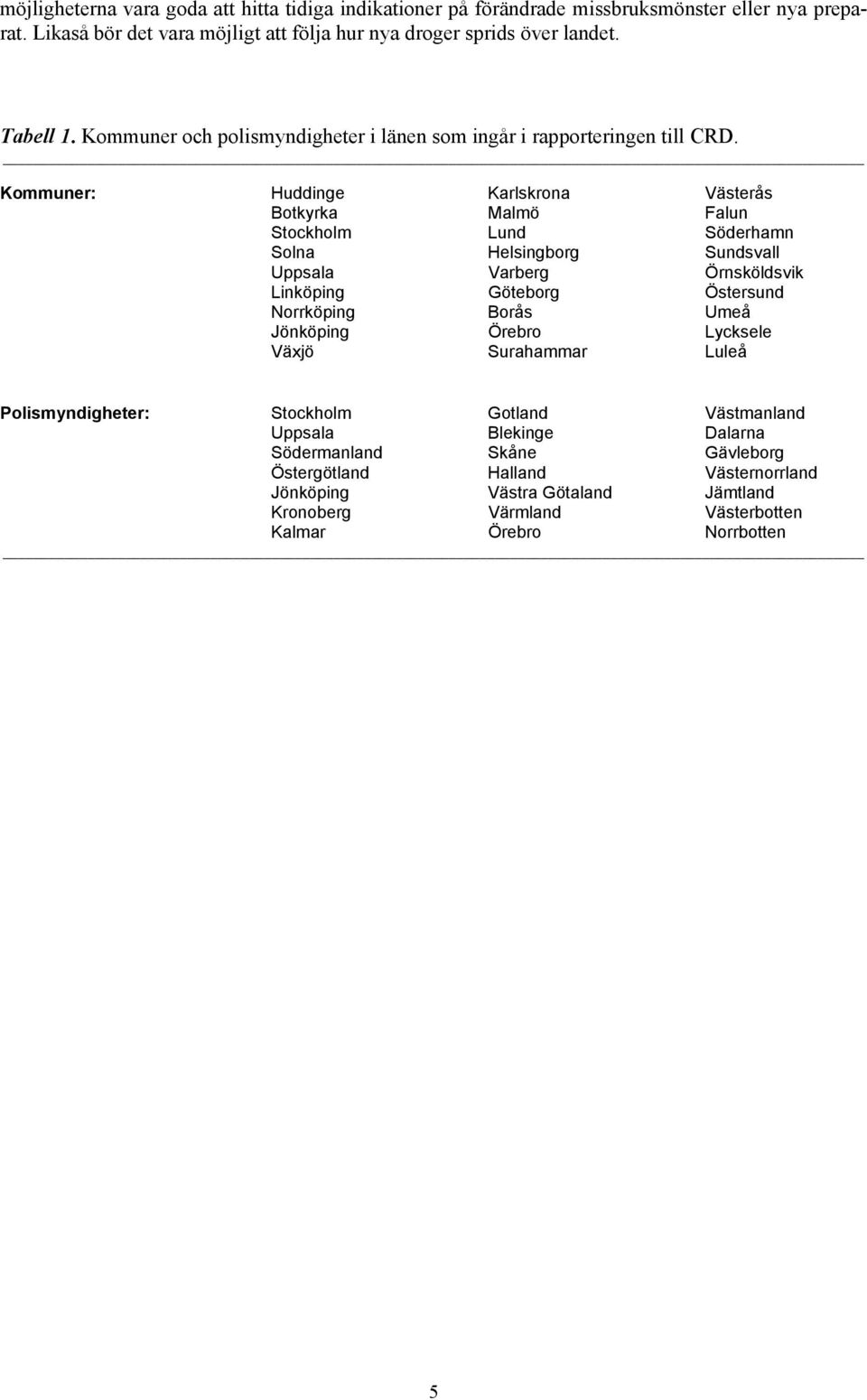Kommuner och polismyndigheter i länen som ingår i rapporteringen till CRD.