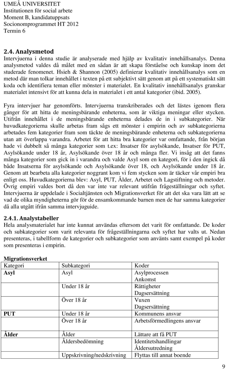 Hsieh & Shannon (2005) definierar kvalitativ innehållsanalys som en metod där man tolkar innehållet i texten på ett subjektivt sätt genom att på ett systematiskt sätt koda och identifiera teman eller