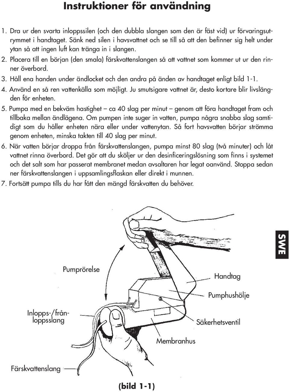 Placera till en början (den smala) färskvattenslangen så att vattnet som kommer ut ur den rinner överbord. 3. Håll ena handen under ändlocket och den andra på änden av handtaget enligt bild 1-1. 4.