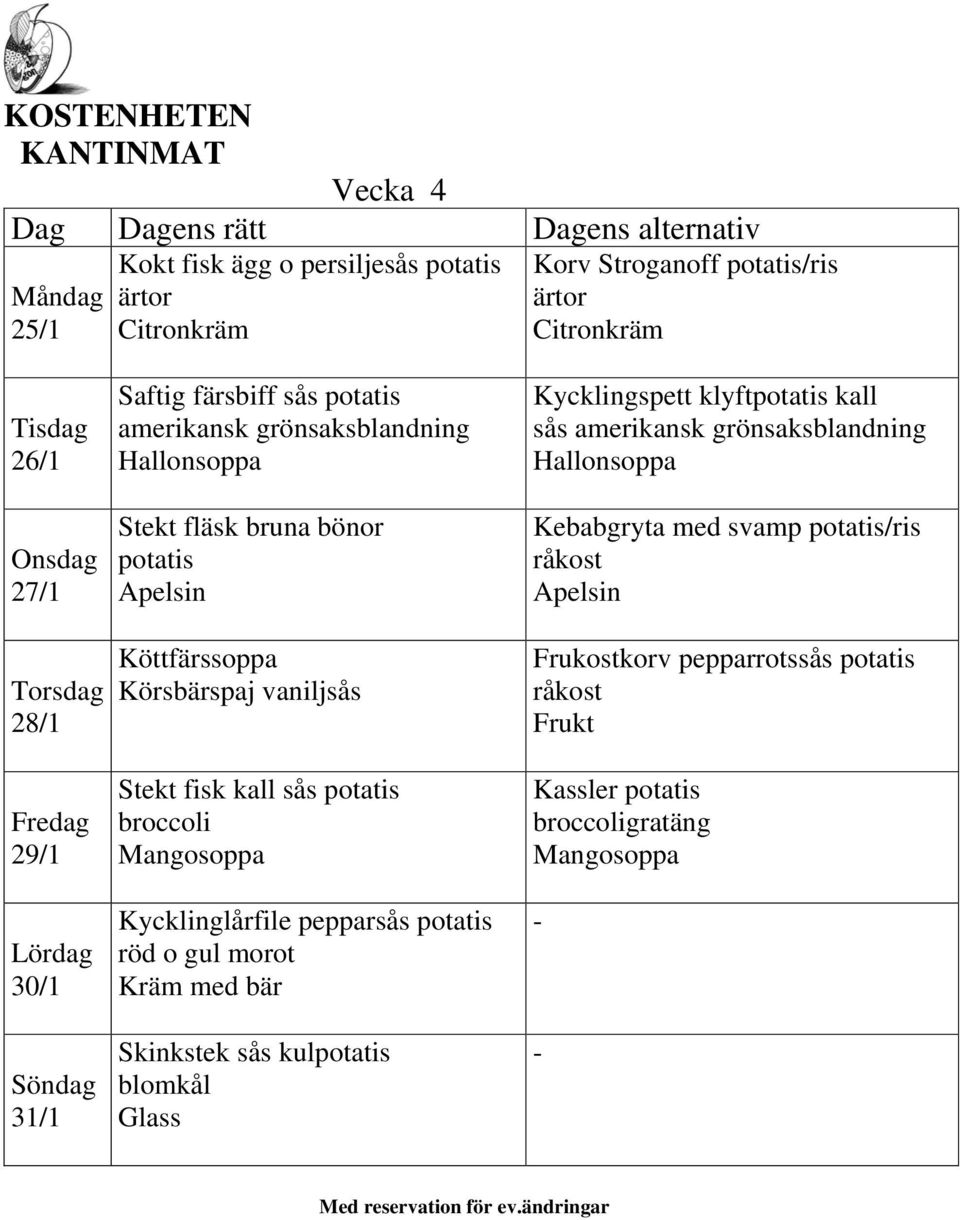 Mangosoppa Kycklinglårfile pepparsås potatis röd o gul morot Kräm med bär Skinkstek sås kulpotatis blomkål Glass Kycklingspett klyftpotatis kall