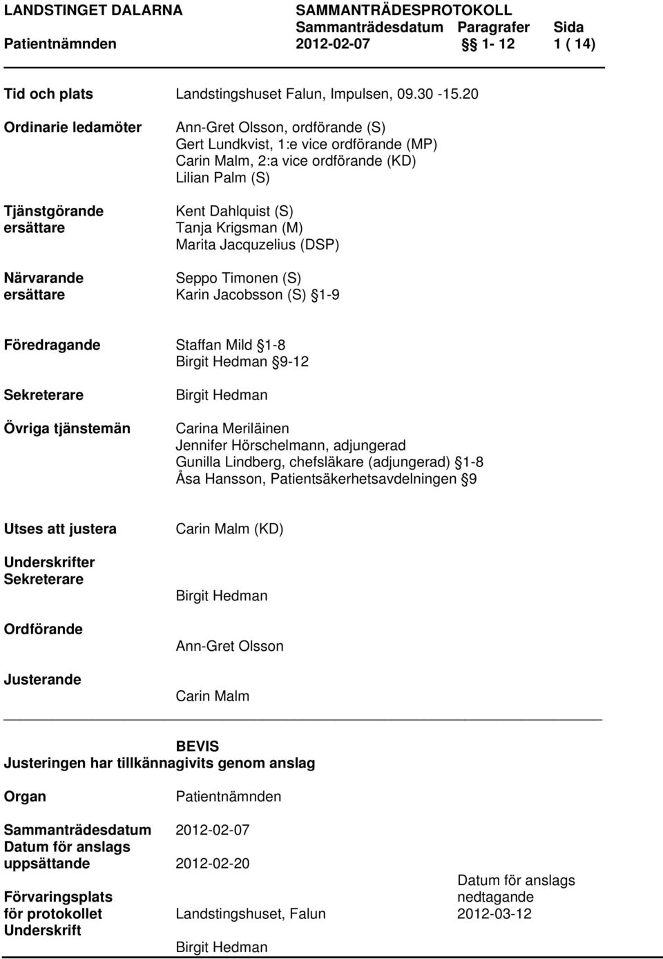 Krigsman (M) Marita Jacquzelius (DSP) Närvarande Seppo Timonen (S) ersättare Karin Jacobsson (S) 1-9 Föredragande Staffan Mild 1-8 Birgit Hedman 9-12 Sekreterare Övriga tjänstemän Birgit Hedman