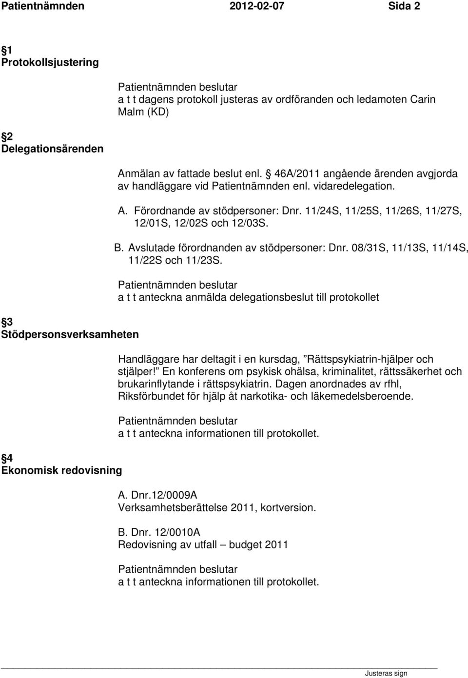 11/24S, 11/25S, 11/26S, 11/27S, 12/01S, 12/02S och 12/03S. B. Avslutade förordnanden av stödpersoner: Dnr. 08/31S, 11/13S, 11/14S, 11/22S och 11/23S.