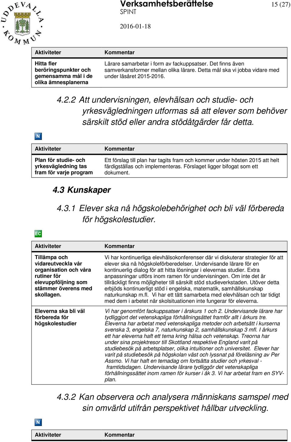 15-2016. 4.2.2 Att undervisningen, elevhälsan och studie- och yrkesvägledningen utformas så att elever som behöver särskilt stöd eller andra stödåtgärder får detta.