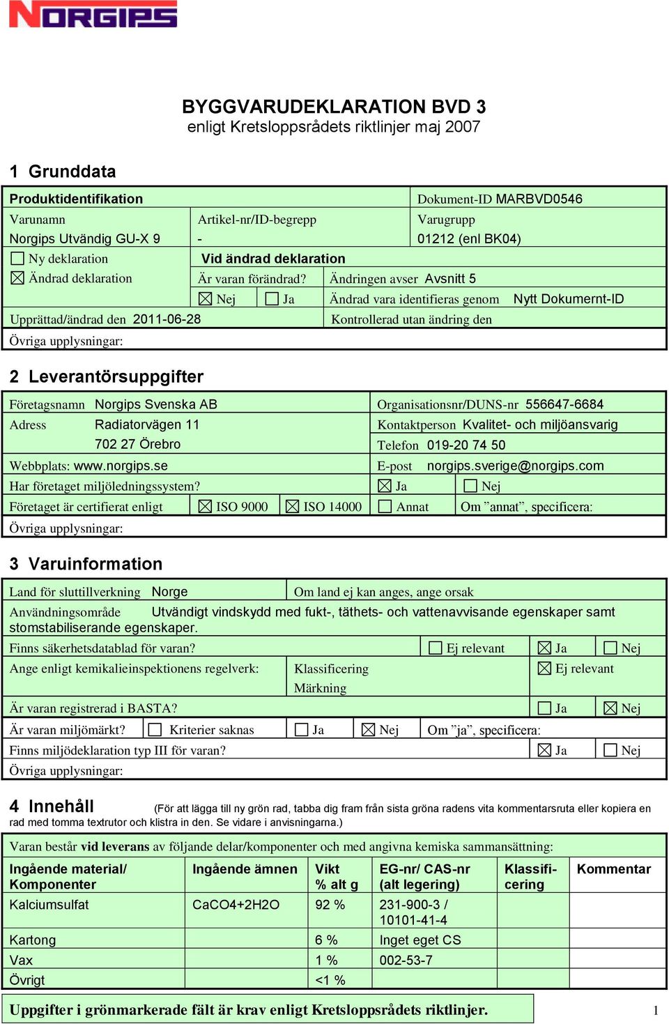 Ändringen avser Avsnitt 5 Nej Ja Ändrad vara identifieras genom Nytt Dokumernt-ID Upprättad/ändrad den 2011-06-28 Kontrollerad utan ändring den 2 Leverantörsuppgifter Företagsnamn Norgips Svenska AB