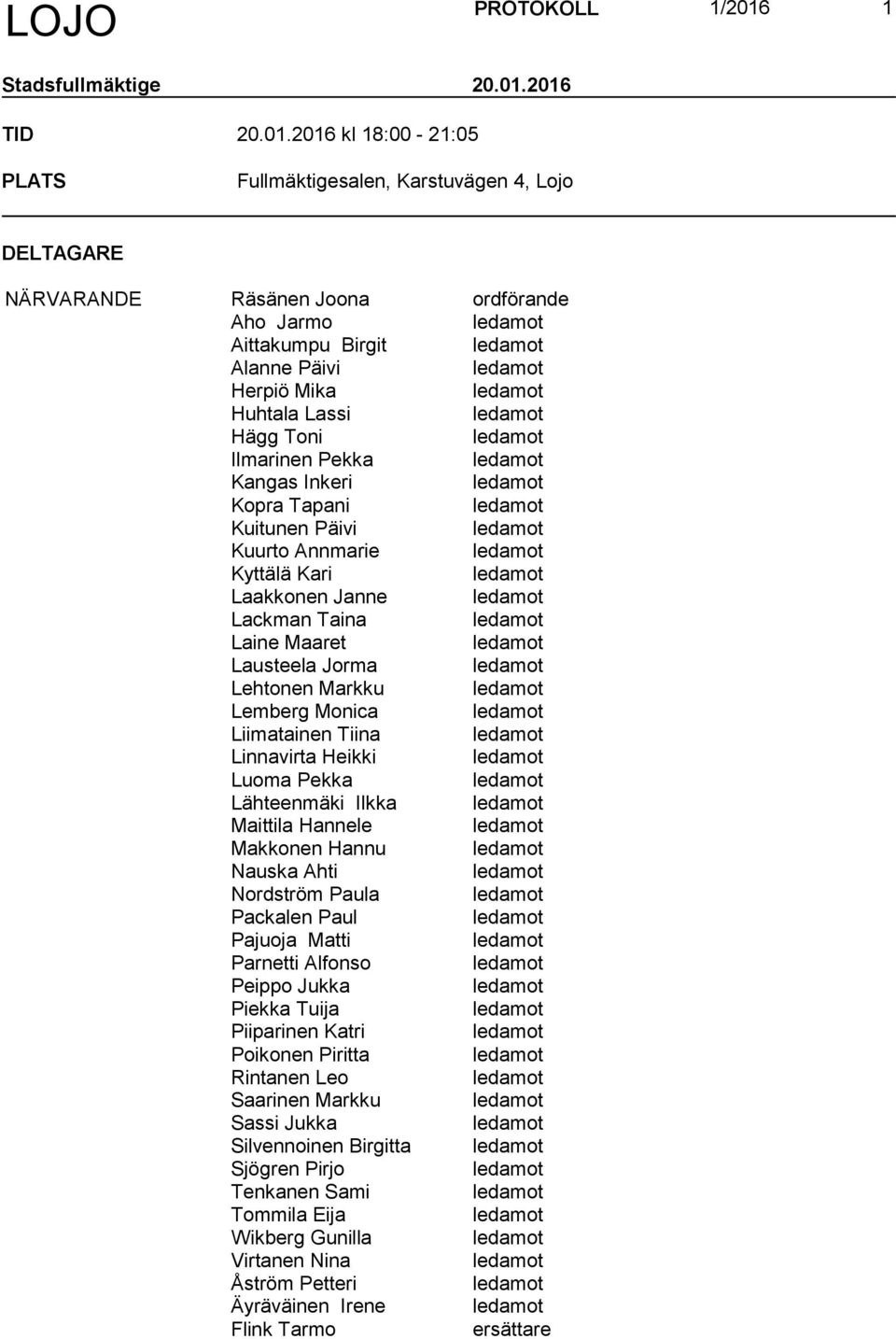 2016 TID 20.01.2016 kl 18:00-21:05 PLATS Fullmäktigesalen, Karstuvägen 4, Lojo DELTAGARE NÄRVARANDE Räsänen Joona ordförande Aho Jarmo ledamot Aittakumpu Birgit ledamot Alanne Päivi ledamot Herpiö