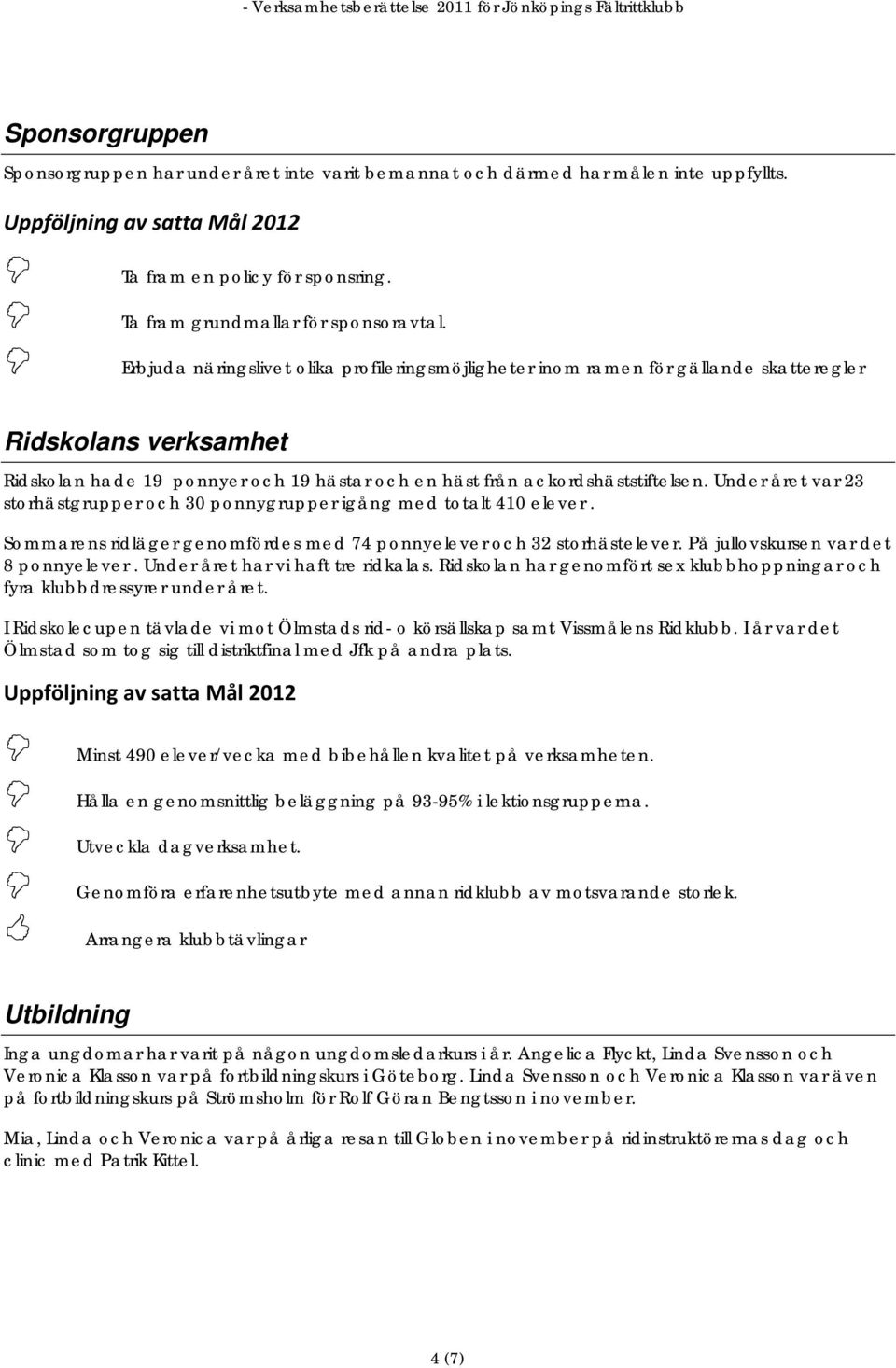 Under året var 23 storhästgrupper och 30 ponnygrupper igång med totalt 410 elever. Sommarens ridläger genomfördes med 74 ponnyelever och 32 storhästelever. På jullovskursen var det 8 ponnyelever.