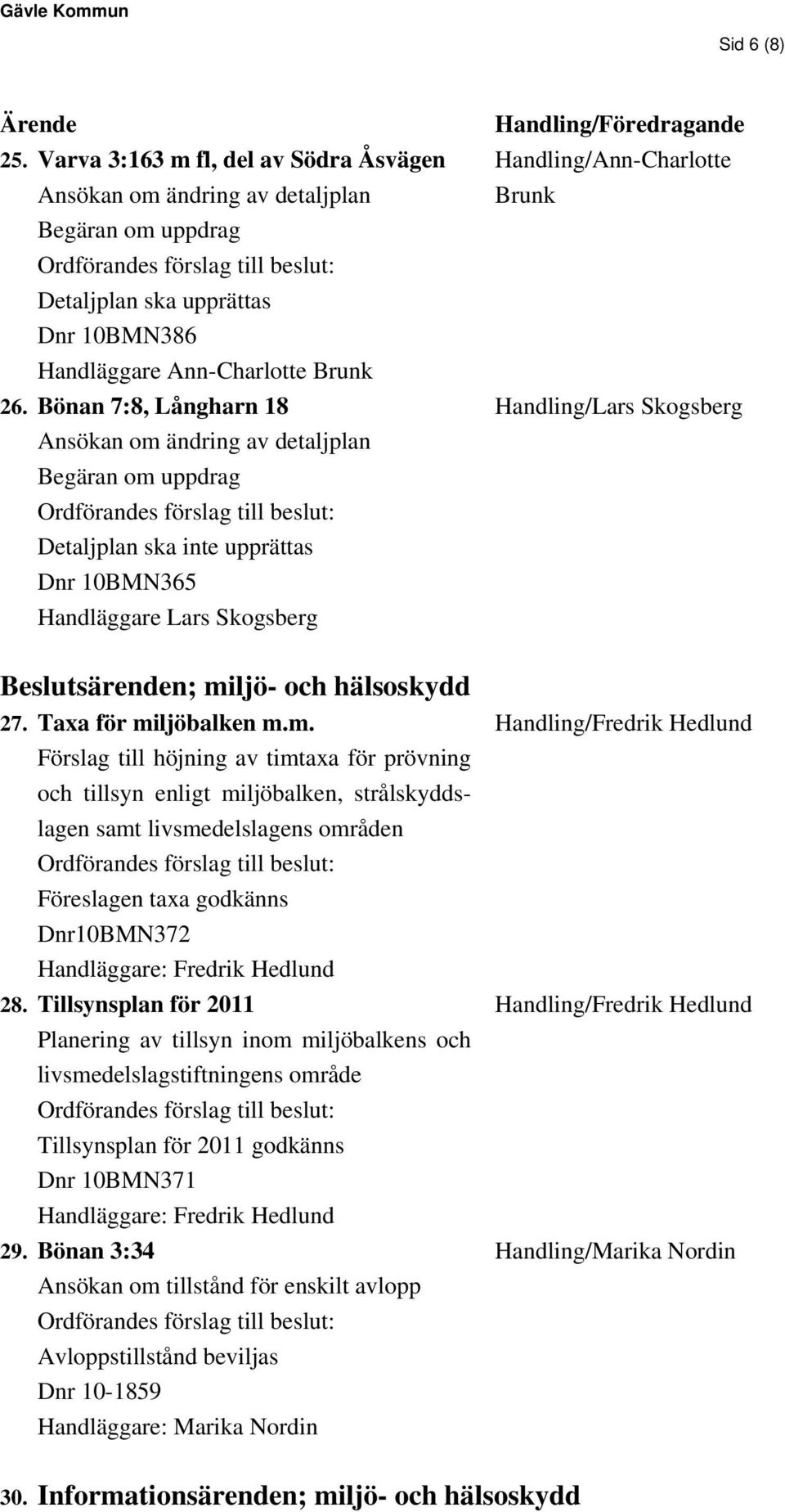 miljö- och hälsoskydd 27. Taxa för miljöbalken m.m. Förslag till höjning av timtaxa för prövning och tillsyn enligt miljöbalken, strålskyddslagen samt livsmedelslagens områden Föreslagen taxa godkänns Dnr10BMN372 Handläggare: Fredrik Hedlund 28.