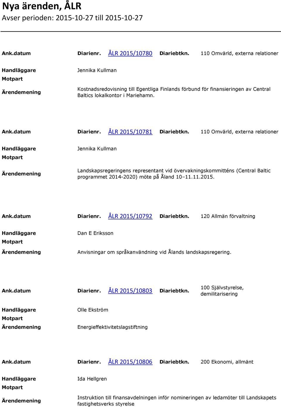 ÅLR 2015/10781 Diariebtkn. 110 Omvärld, externa relationer Jennika Kullman Landskapsregeringens representant vid övervakningskommitténs (Central Baltic programmet 2014-2020) möte på Åland 10 11.11.2015. Ank.