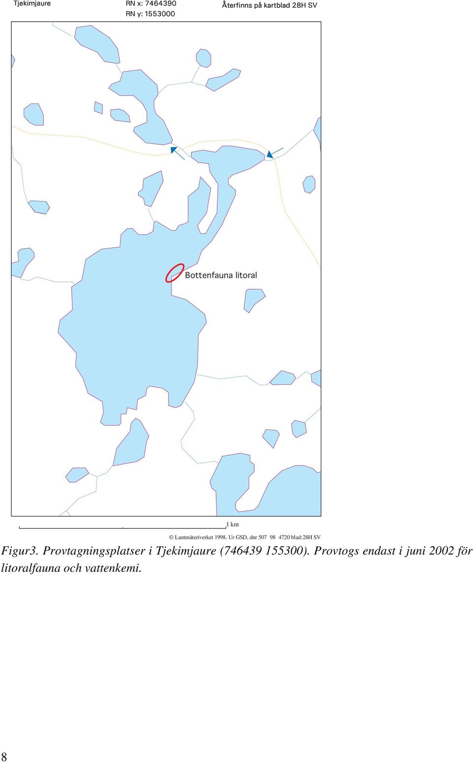 Provtagningsplatser i Tjekimjaure (746439 155300).