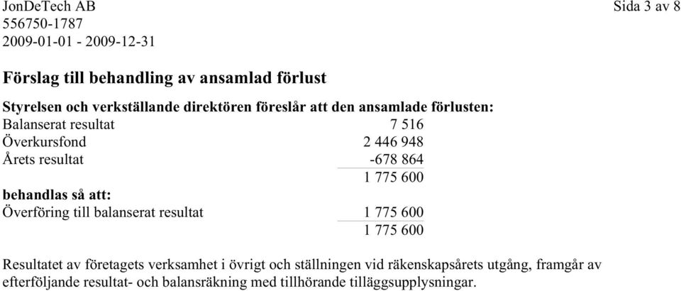 att: Överföring till balanserat resultat 1 775 600 1 775 600 Resultatet av företagets verksamhet i övrigt och